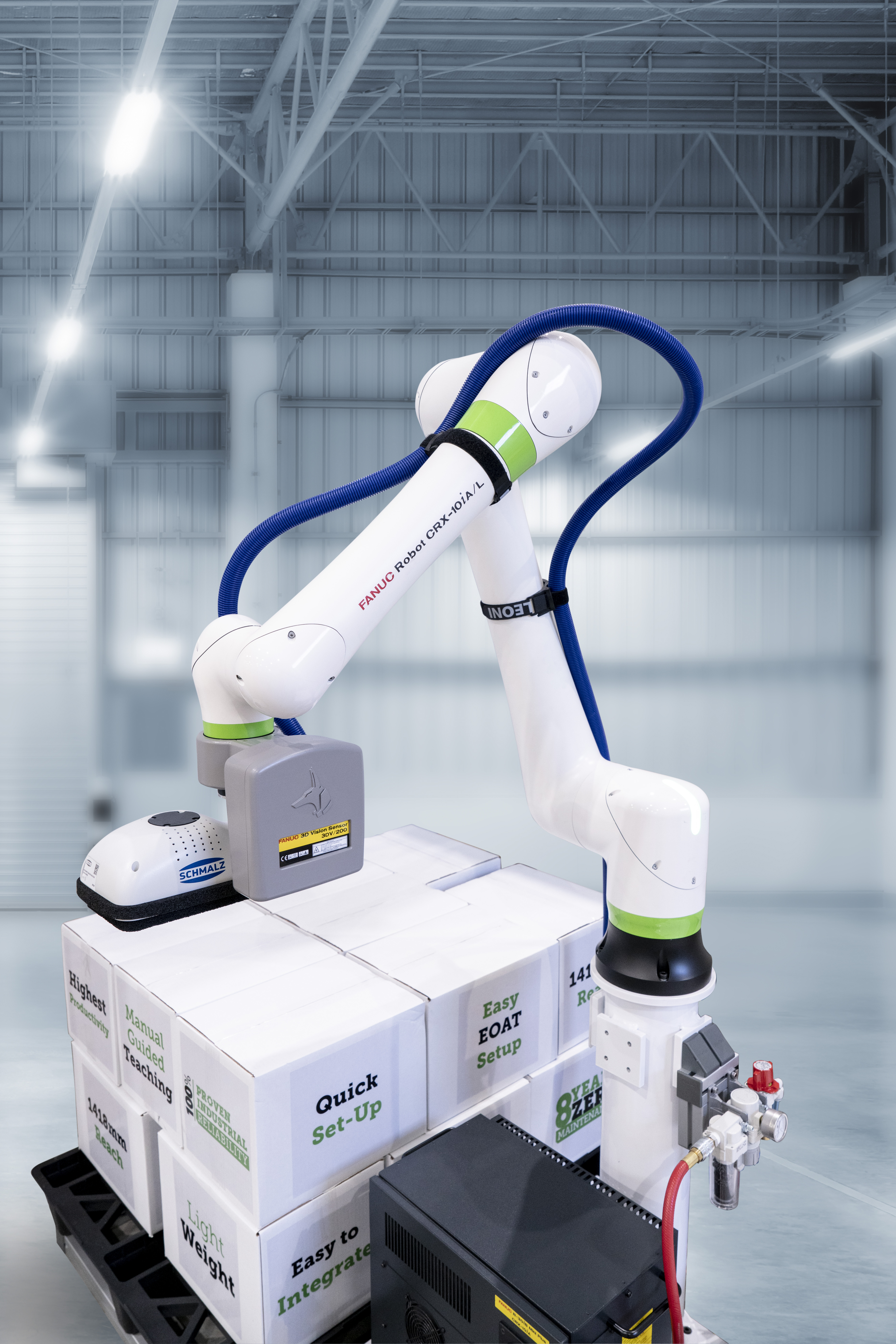 Collaborative robots are a great option for mundane tasks like assembly line work and pallet loading. The one shown here is equipped with a camera for greater flexibility. (Image courtesy of FANUC America Corporation)